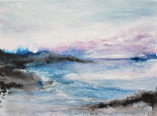 Mixed media, abstract seascape, loose painting coastal art, purple painting